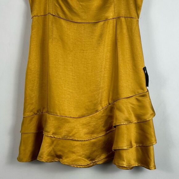 Lulu's Dream Come True Mustard Yellow Satin Ruffled Mini Dress Size XL NEW - Picture 4 of 12